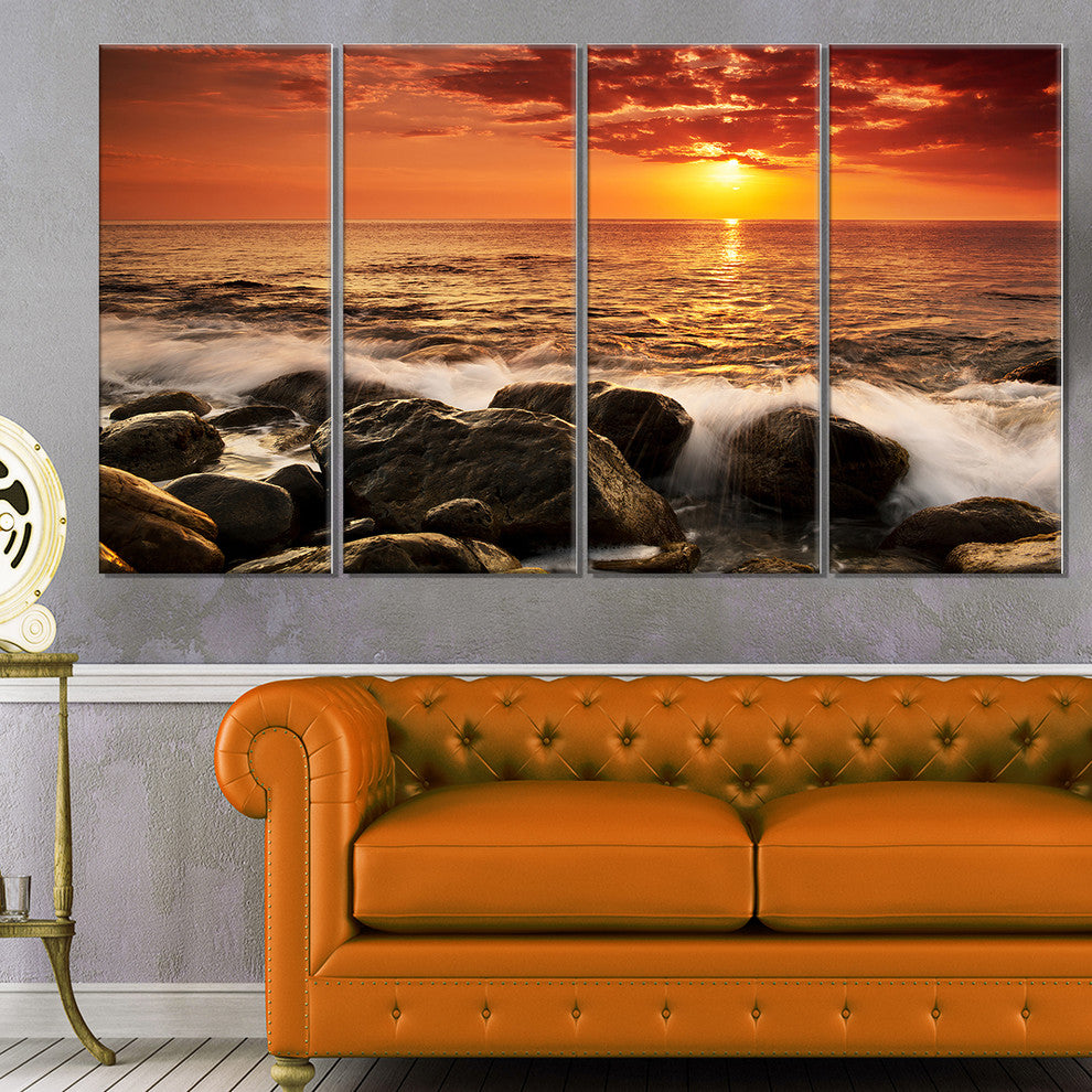 "Bright Sunset Over Rocky Shore" Modern Seashore Canvas Art, 4 Panels, 48"x28"