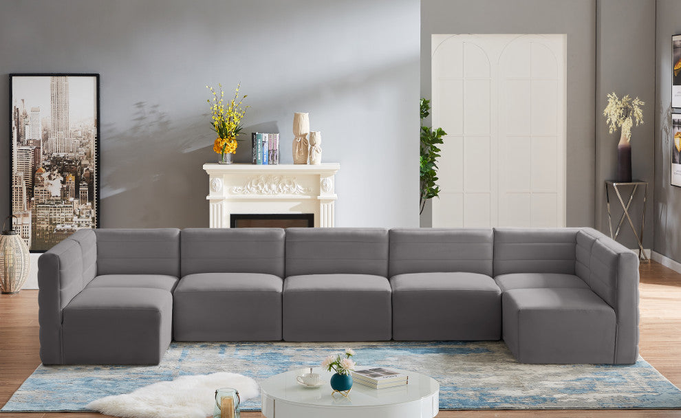 Quincy Velvet Upholstered 7-Piece U-Shaped Modular Sectional, Grey
