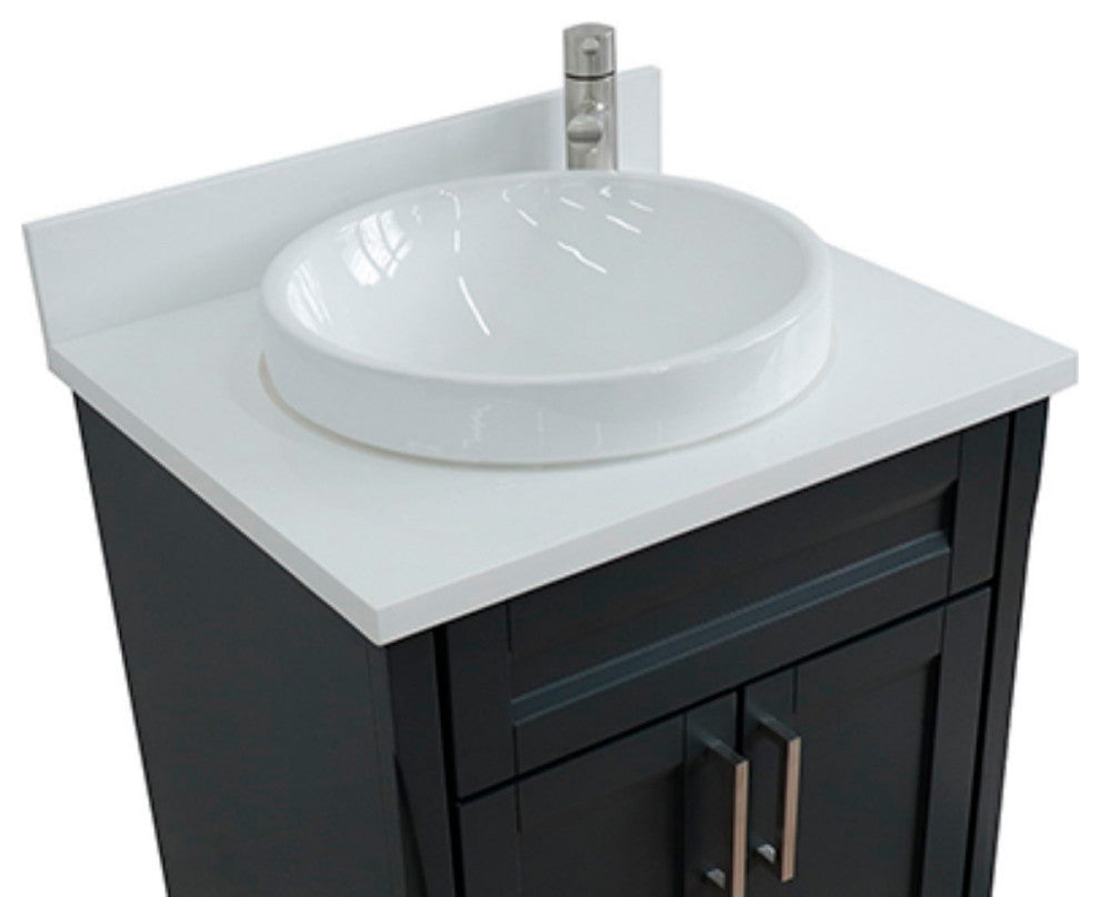 25" Single Sink Vanity, Dark Gray Finish With Engineered Stone Top, Round Sink