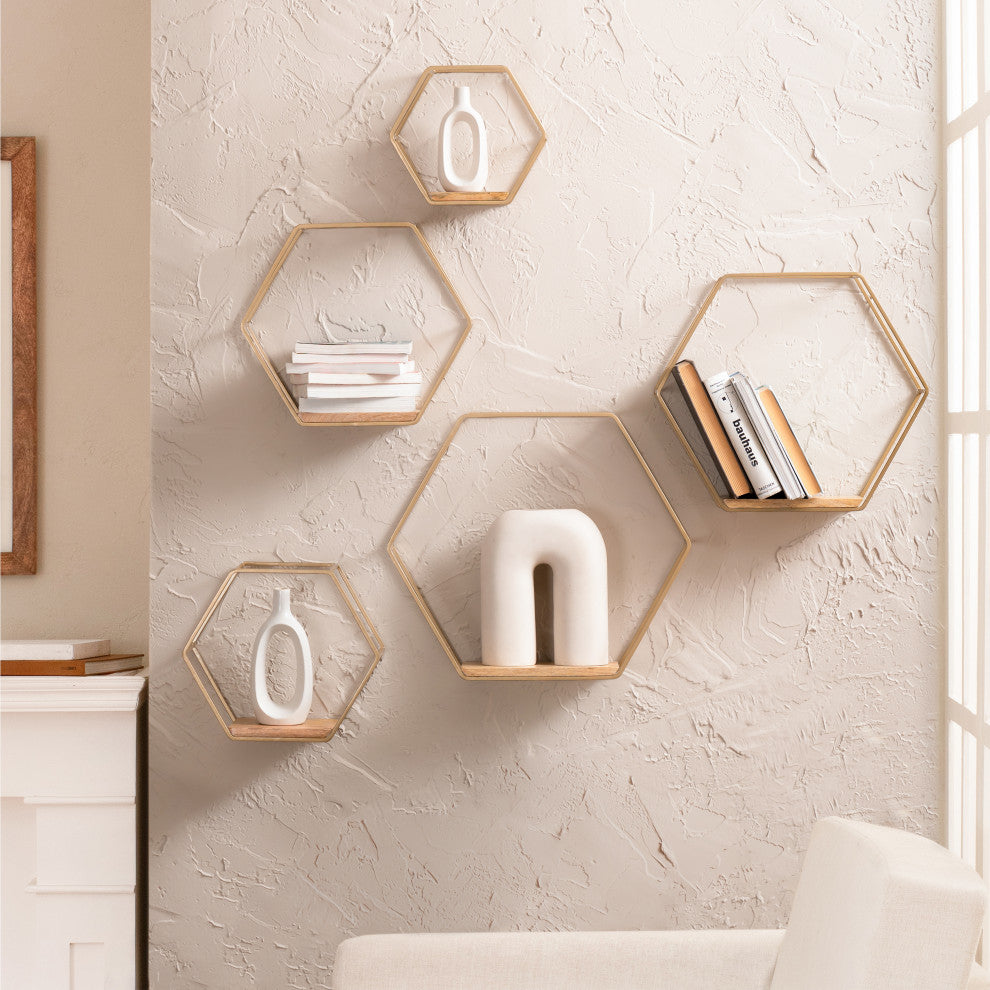 Haverstock Set Of 5 Wall Mounted Shelves, Gold/Natural