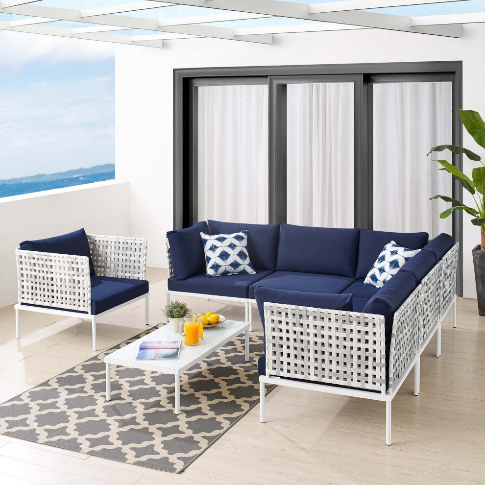 Lounge Sectional Sofa Chair Table Set, Sunbrella, Aluminum, Blue Navy, Outdoor
