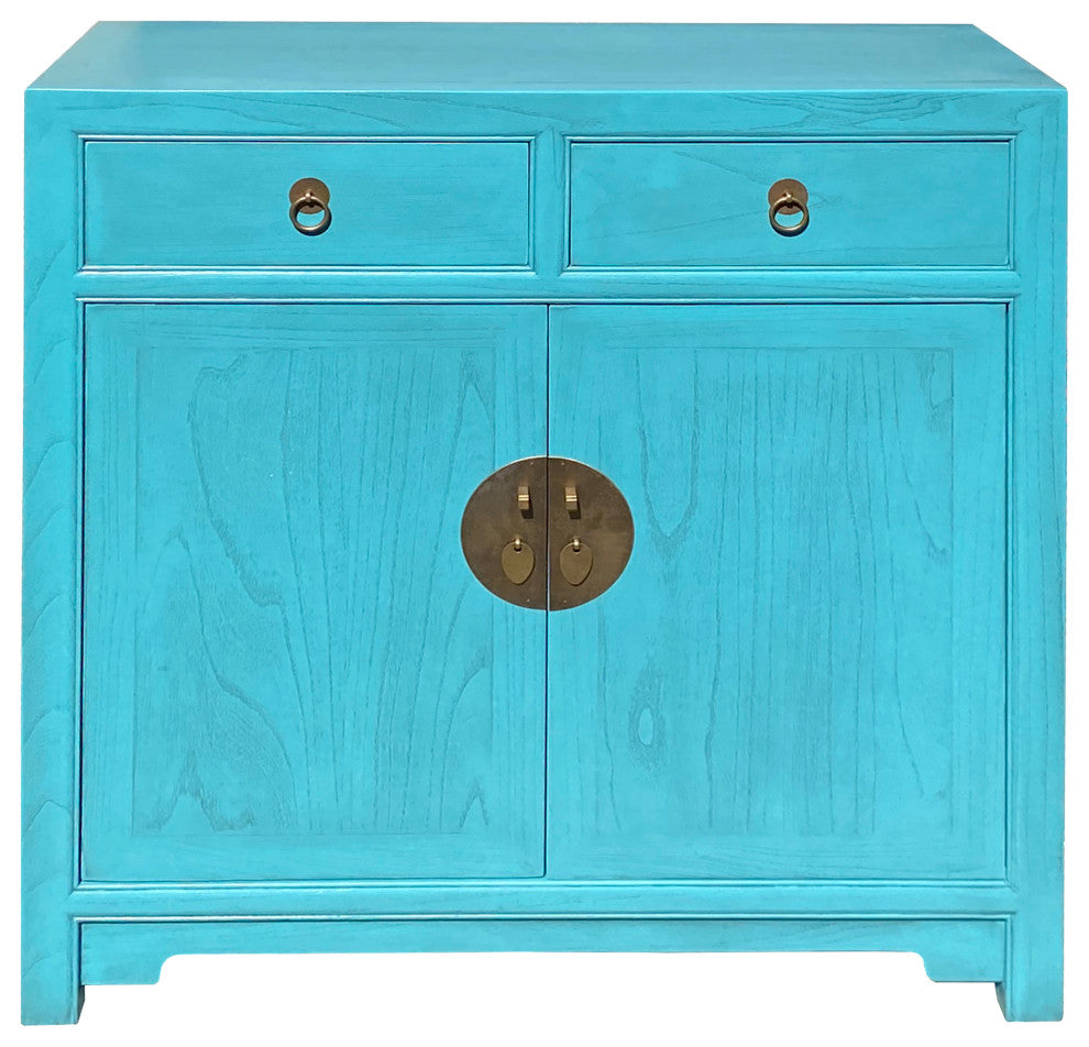 Chinese Simple Narrow Pastel Blue 2 Drawers Side Table Cabinet Hcs7428