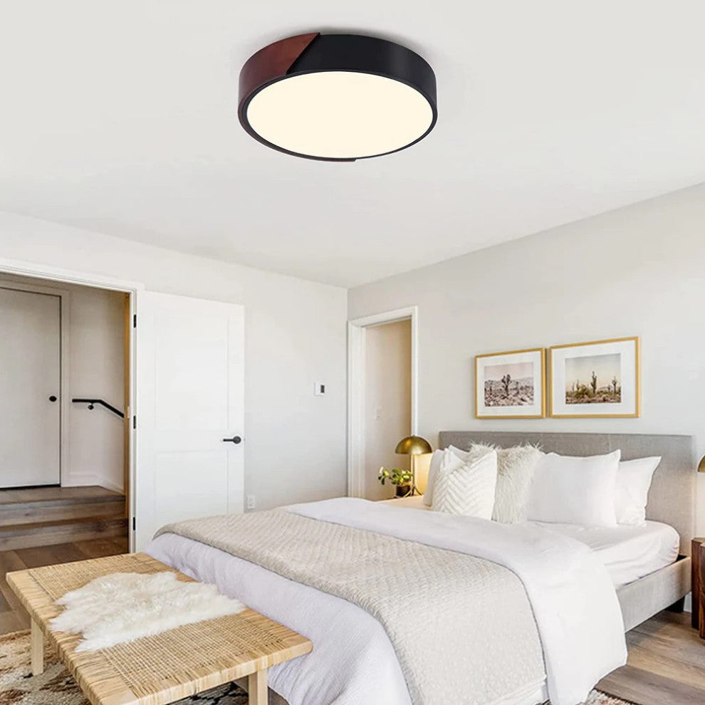 2 Light Modern Flush Mount Ceiling Light, Wood, Close To Ceiling