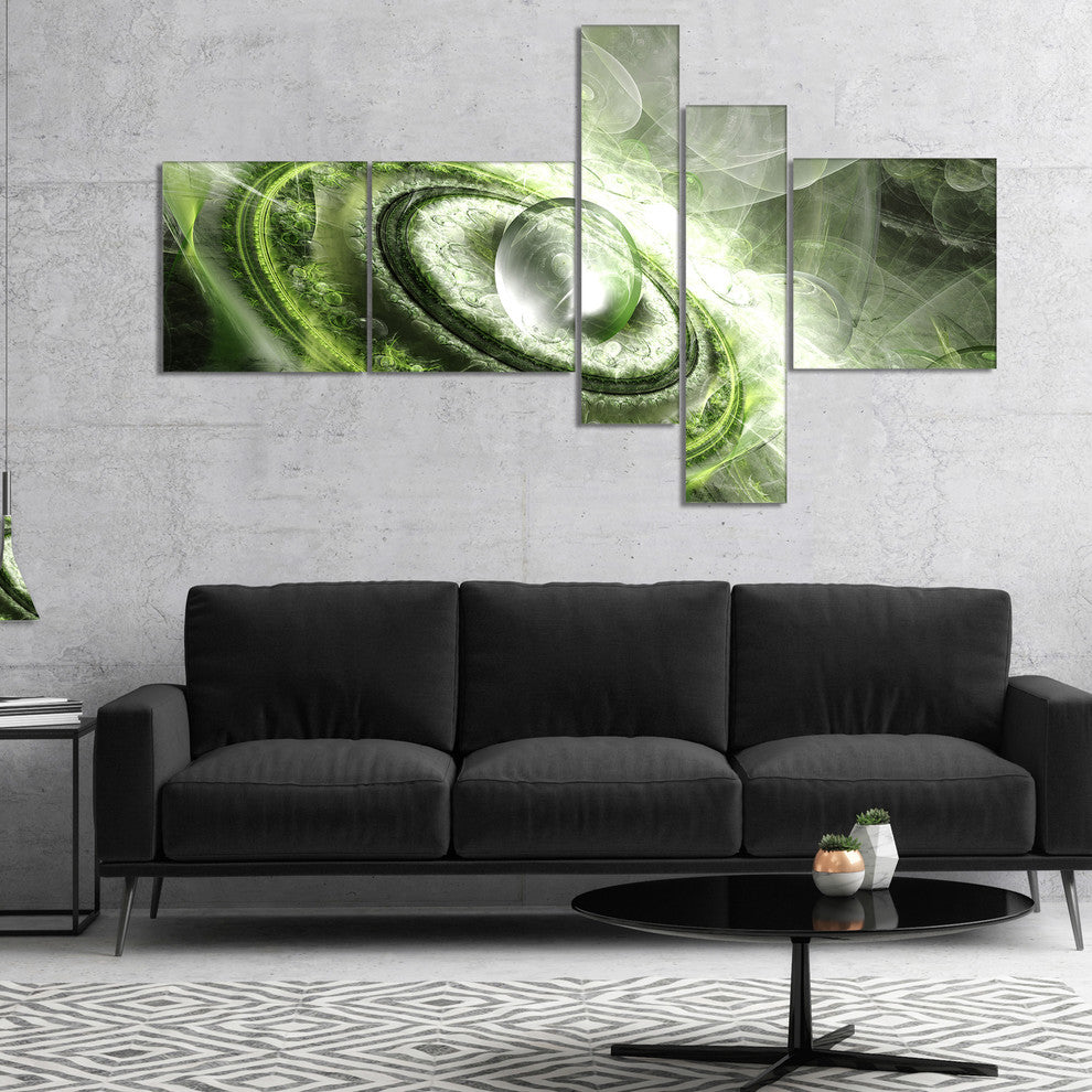 Green Fractal Flying Saucer, Abstract Canvas Art Print, 60"x32", 5 panels