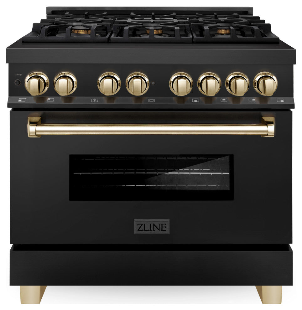ZLINE 36" Dual Fuel Range, Black Stainless Steel With Gold Accents RABZ-36-G