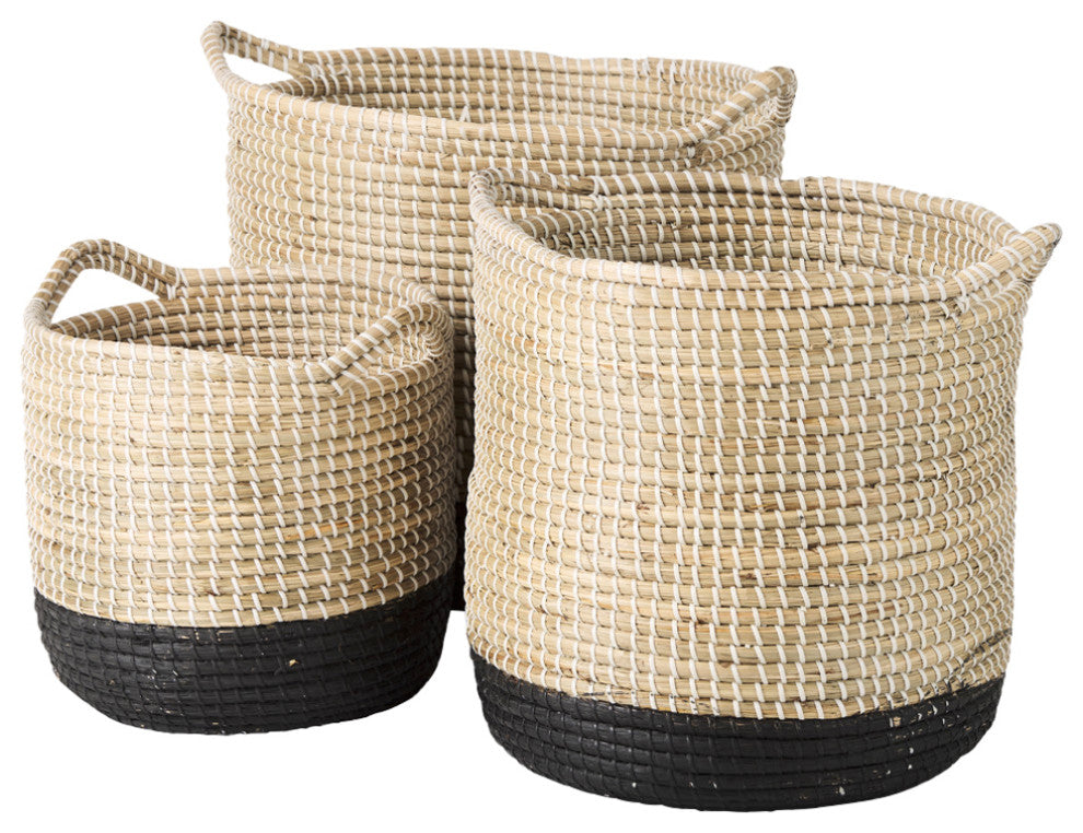 Maddie Light Brown & Black Seagrass Round Baskets (Set of 3)