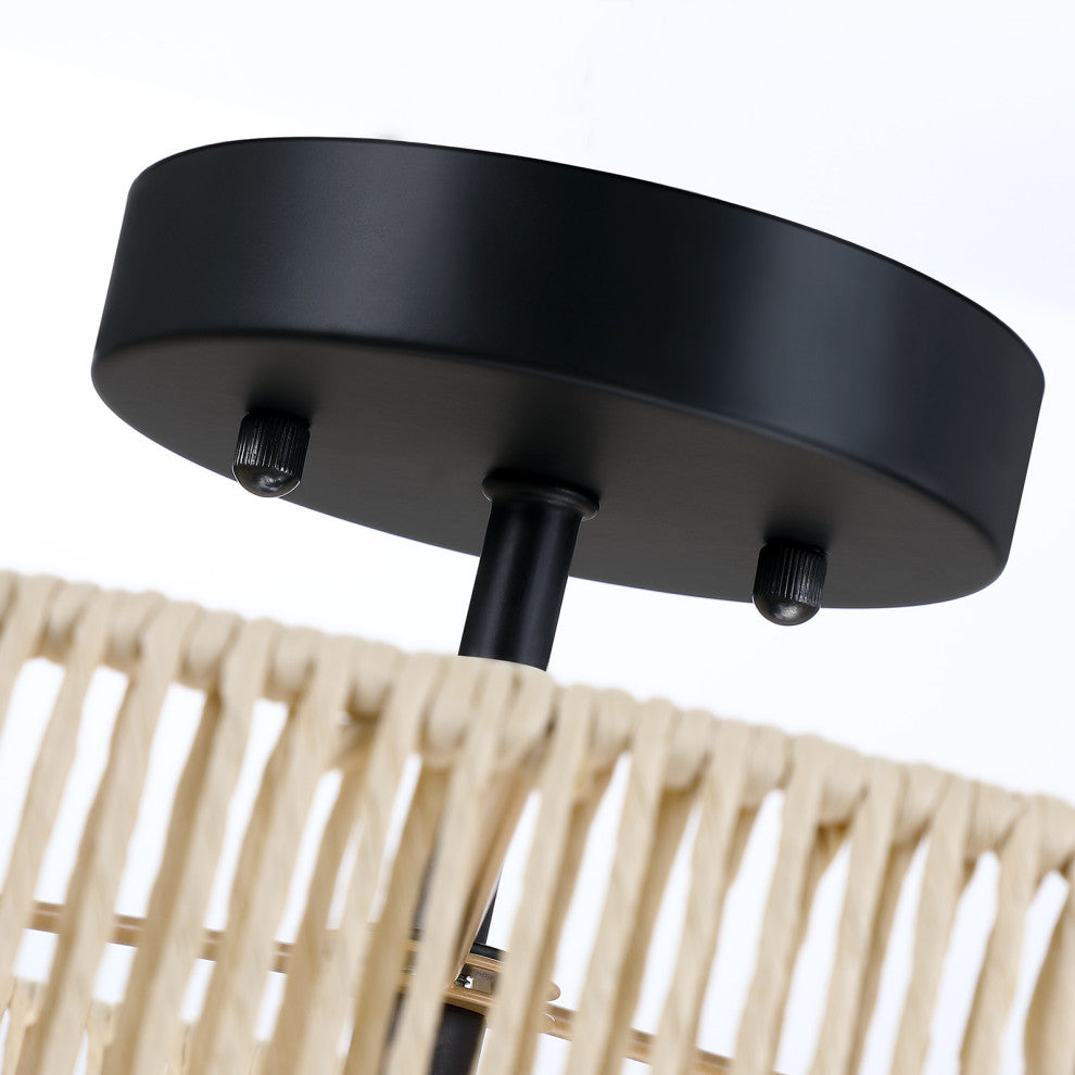 14" W 2-Light Woven Rope Drum Semi-Flush Mount Ceiling Light, Beige