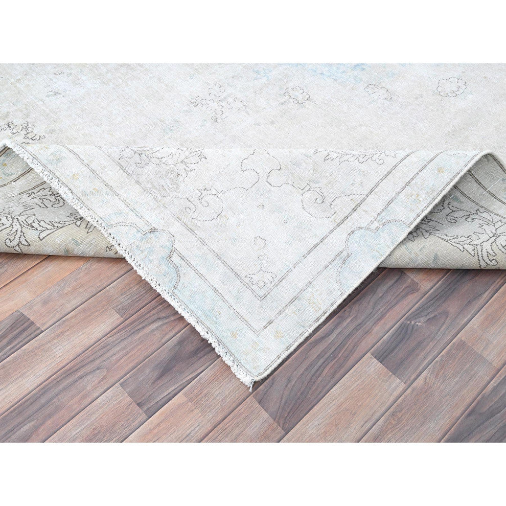 White, Natural Wool, Hand Knotted, Vintage Persian Kerman, Rug, 7'2"x9'10"