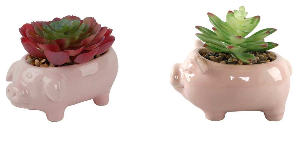Set Of 2 Pink Ceramic Pig
