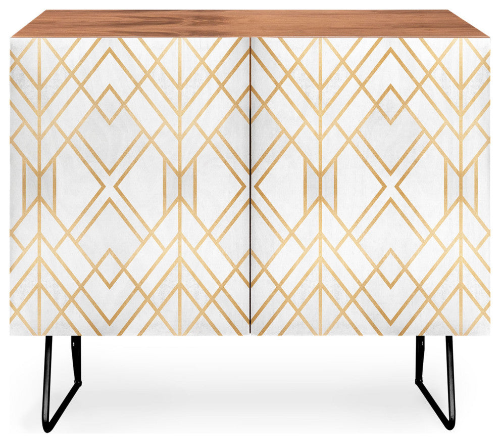 Deny Designs Golden Geo Credenza, Walnut, Black Steel legs