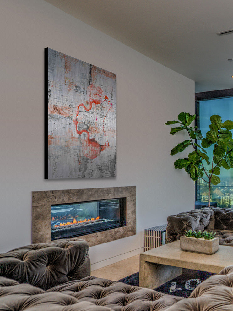 "Flamingo Reflection" Painting Print on Brushed Aluminum, 24"x36"