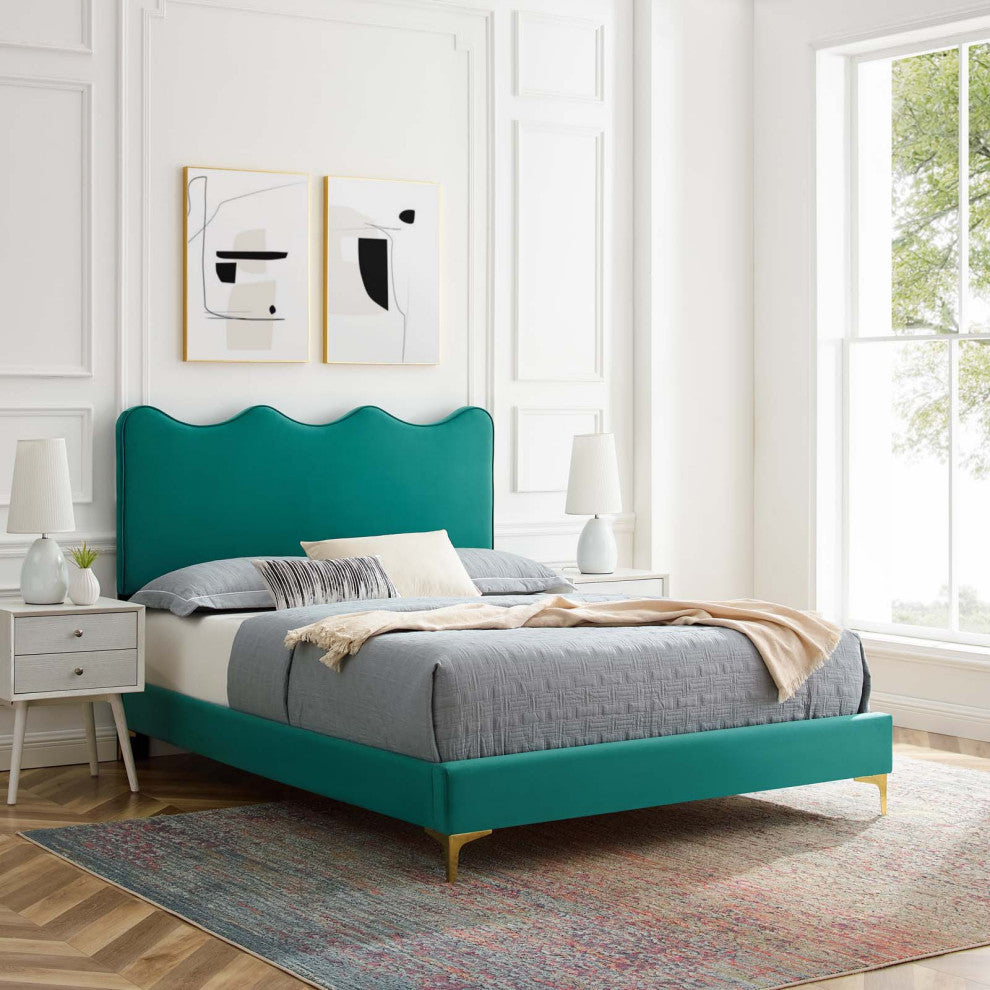 Platform Bed Frame, King Size, Teal Blue, Velvet, Modern, Bedroom Guest Suite