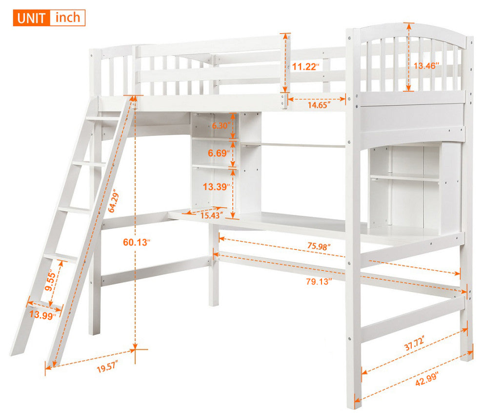 Gewnee Wood Twin Loft Bed with Storage Shelves, Desk and Ladder in White