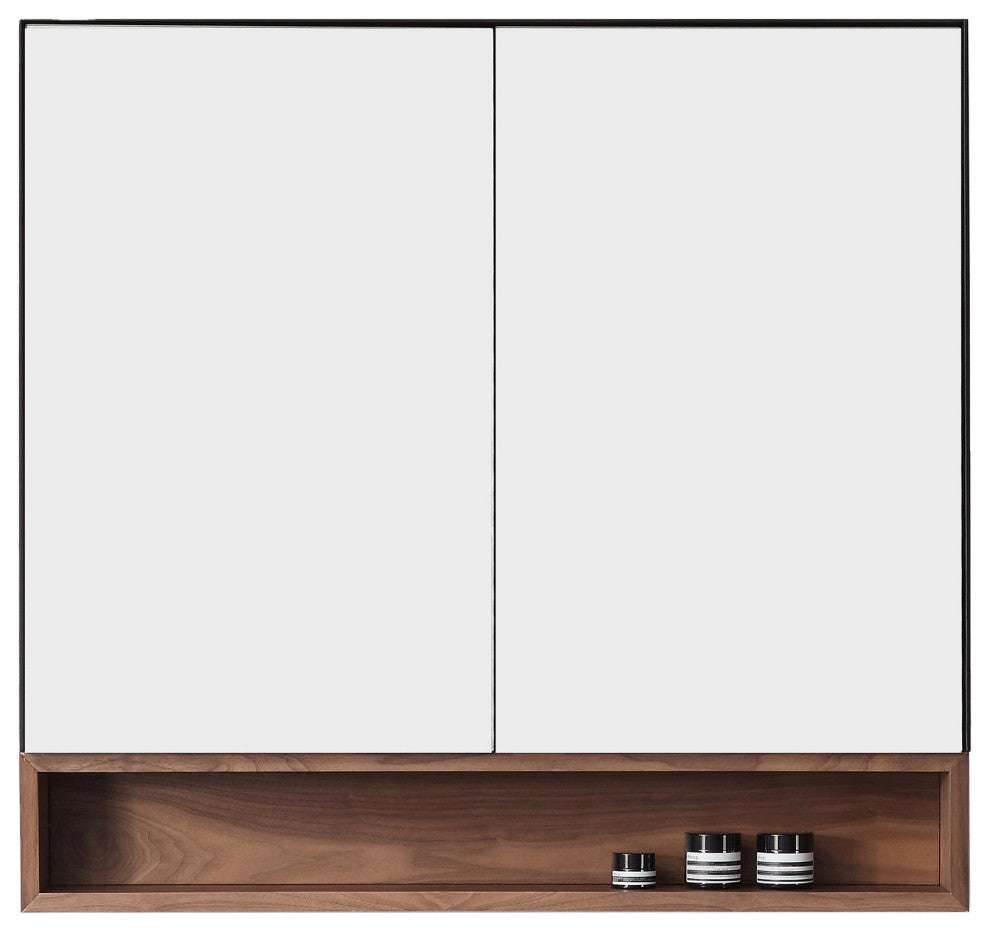 Bergen Modern Medicine Cabinet, Matte Black Frame, Walnut Shelf, 36"