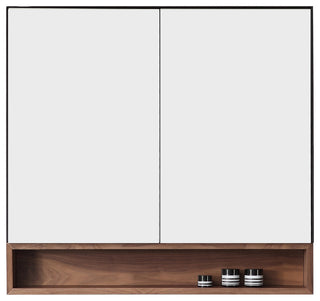 Bergen Modern Medicine Cabinet, Matte Black Frame, Walnut Shelf, 36"