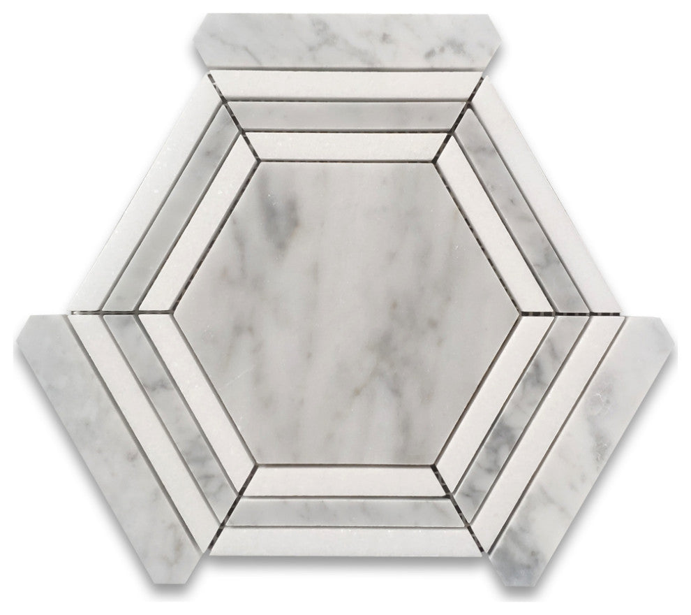 Carrara White Marble 5 Hexagon Georama Mosaic Tile Thassos Strip Honed, 1 sheet