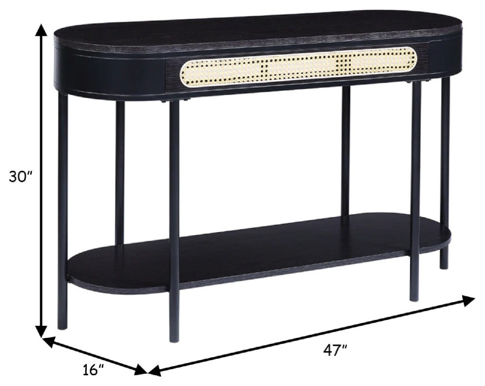 Benzara BM275489 Oblong Console Table, Rattan Apron Accent, Metal Legs, Black