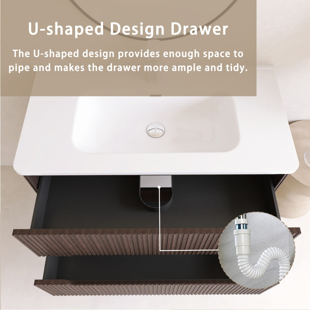 36 inch MDF Wall-Mounted Bathroom Vanity Set with Ceramic Integrated Sink, Dark Brown