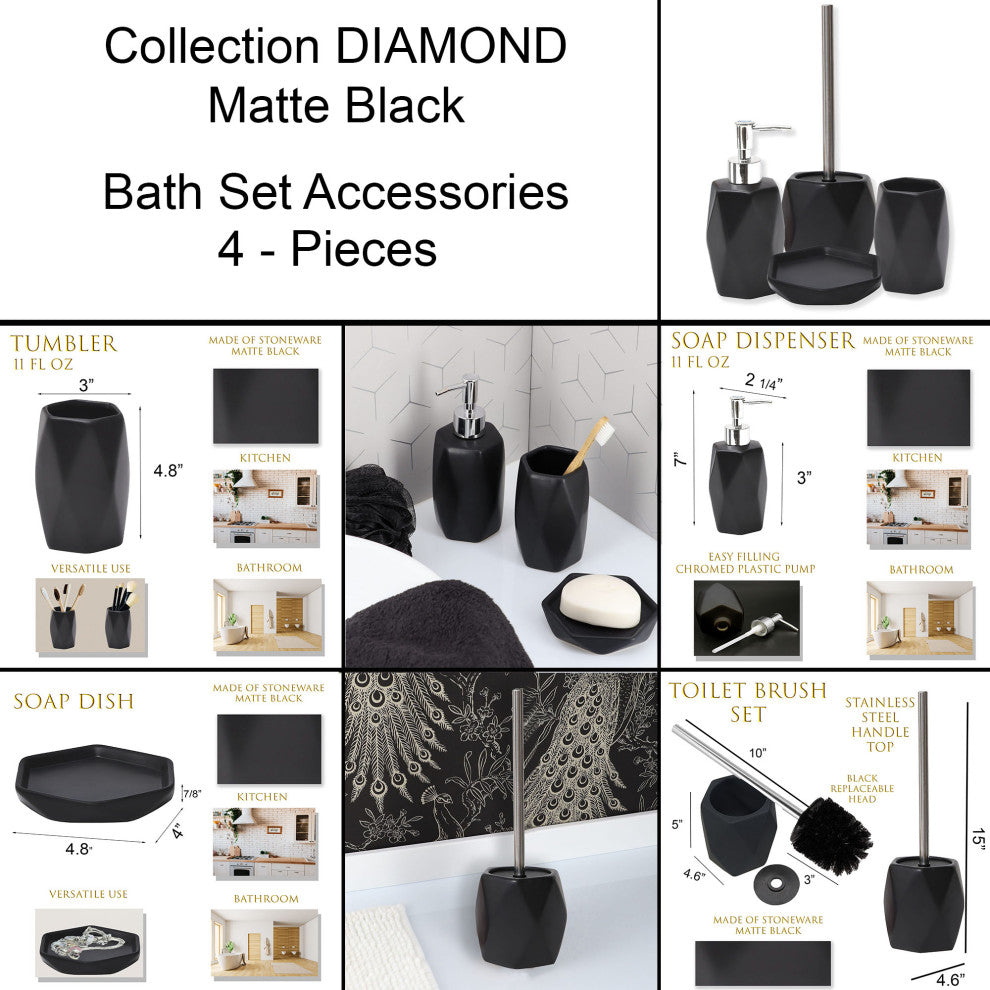 Diamond Bathroom Accessory Set 4-Pieces Black