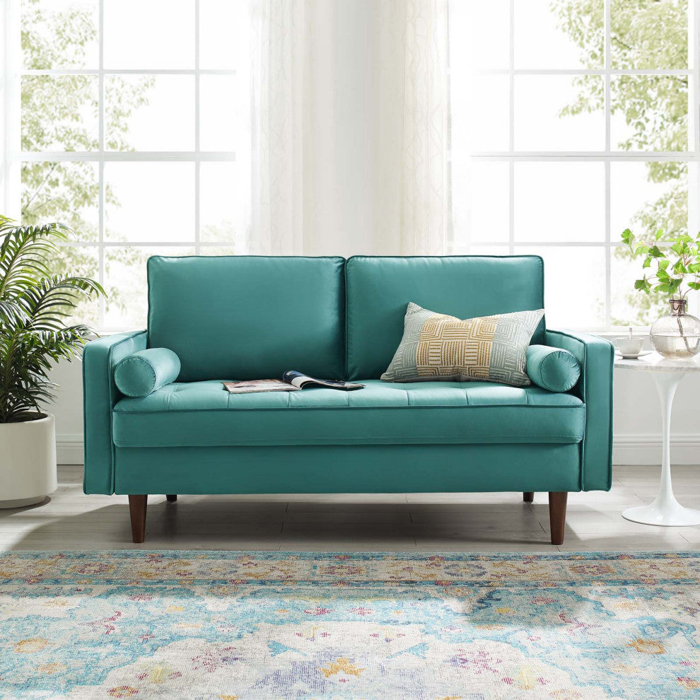 Loveseat Sofa, Velvet, Teal Blue, Modern, Living Lounge Hotel Lobby Hospitality