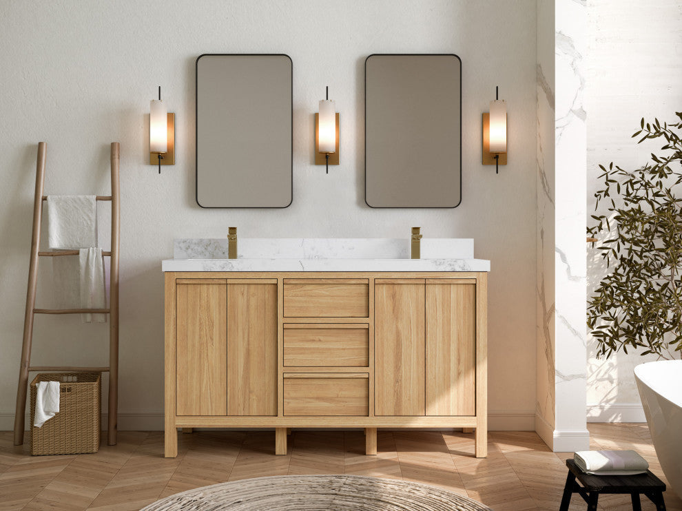 Elizabeth 60 Double Bathroom Vanity in Light Natural Teak 2" Calacatta Nuvo