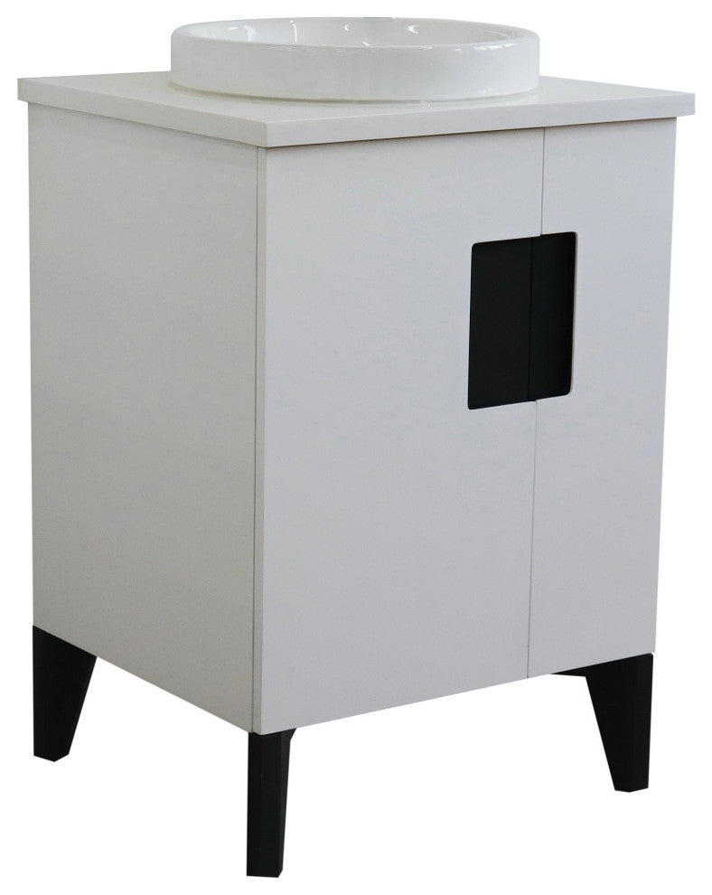 25" Single Sink Vanity, White Finish With Engineered Stone Top And Round Sink