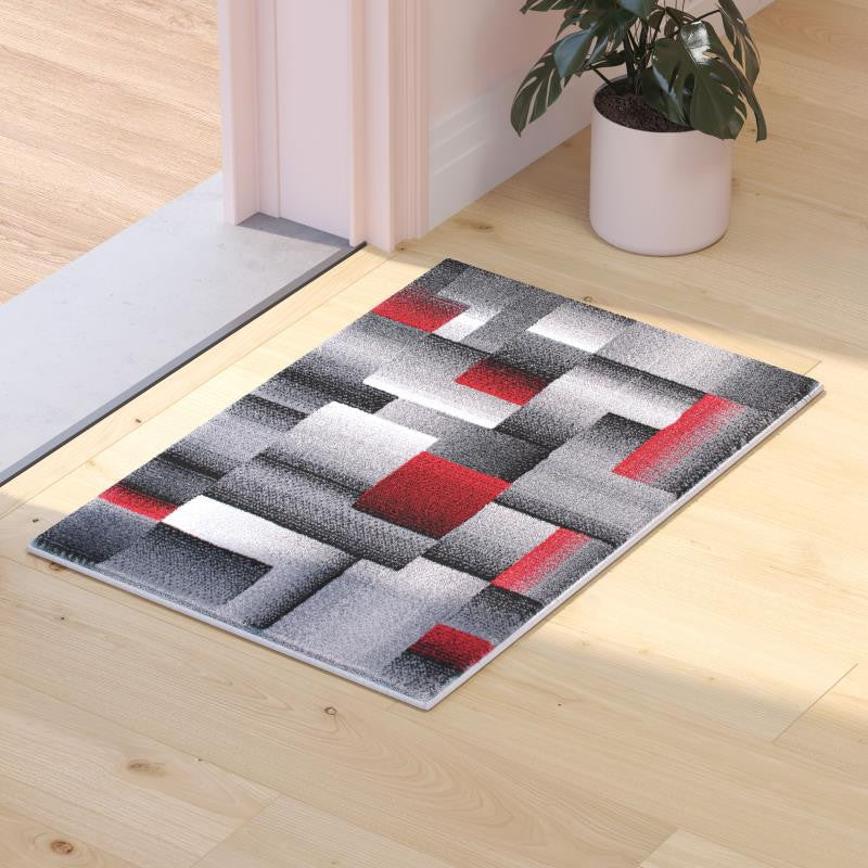 Elio Collection Color Blocked Area Rug, Red, 2' X 3'