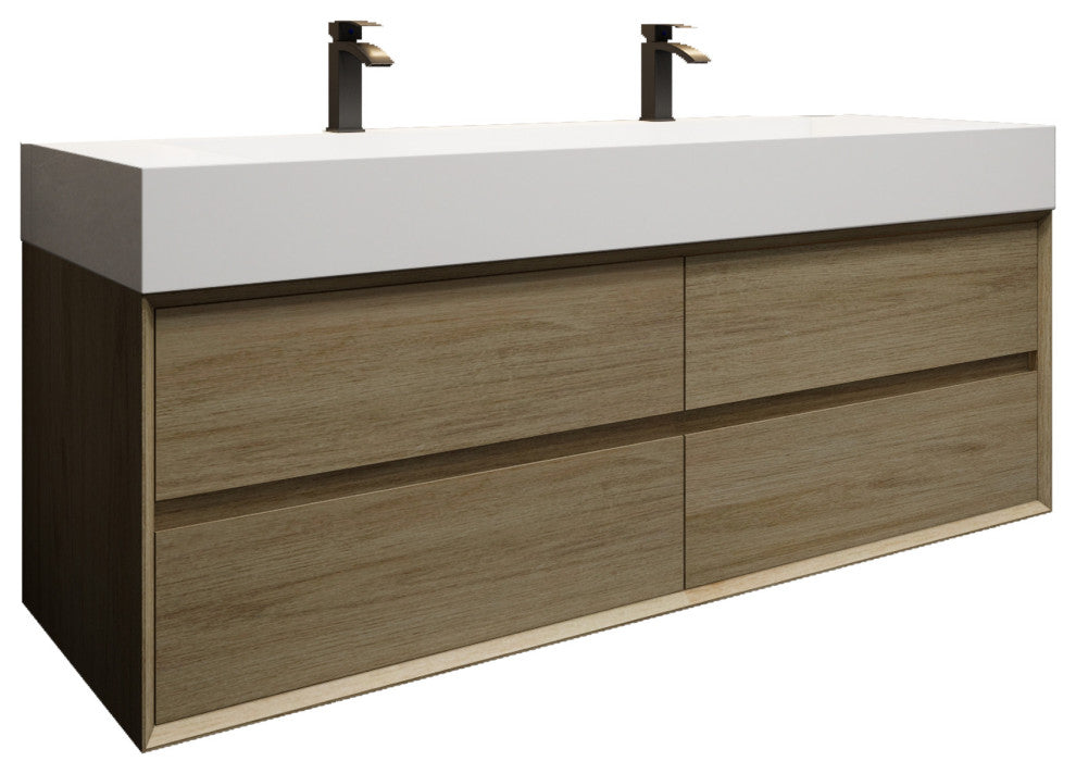 MAX 60" Double Floating Bath Vanity With Acrylic Sink, Coffee Wood