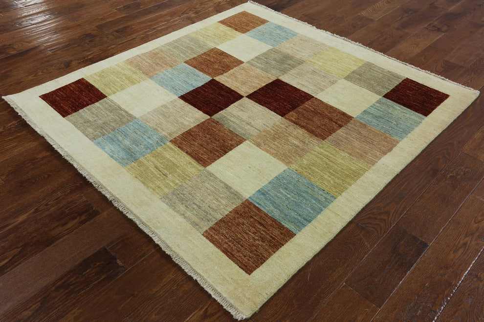 New Mutlicolor Checked 5'x5' Square Gabbeh Hand Knotted Wool Area Rug H8586