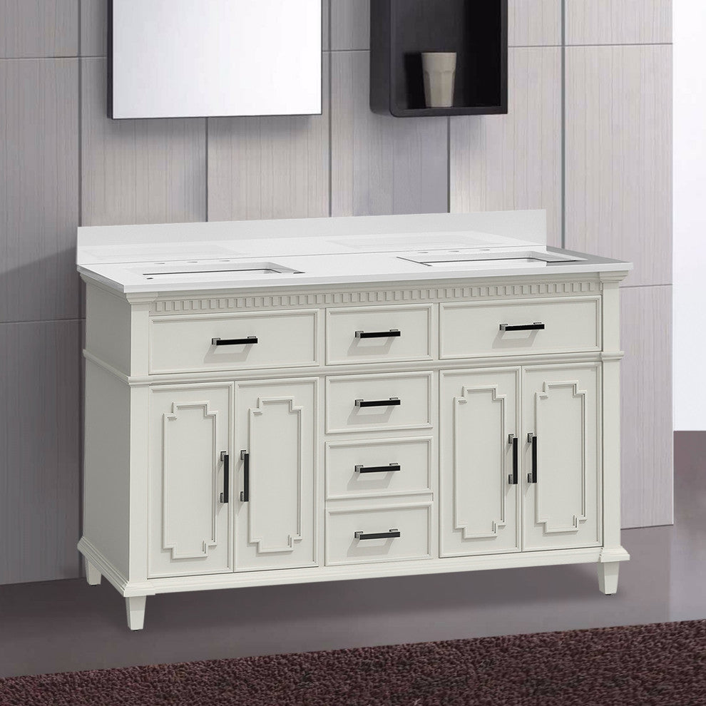 60''Wood Bathroom Vanity Set, With Drawers, Marble Top And Undermount Sink, White