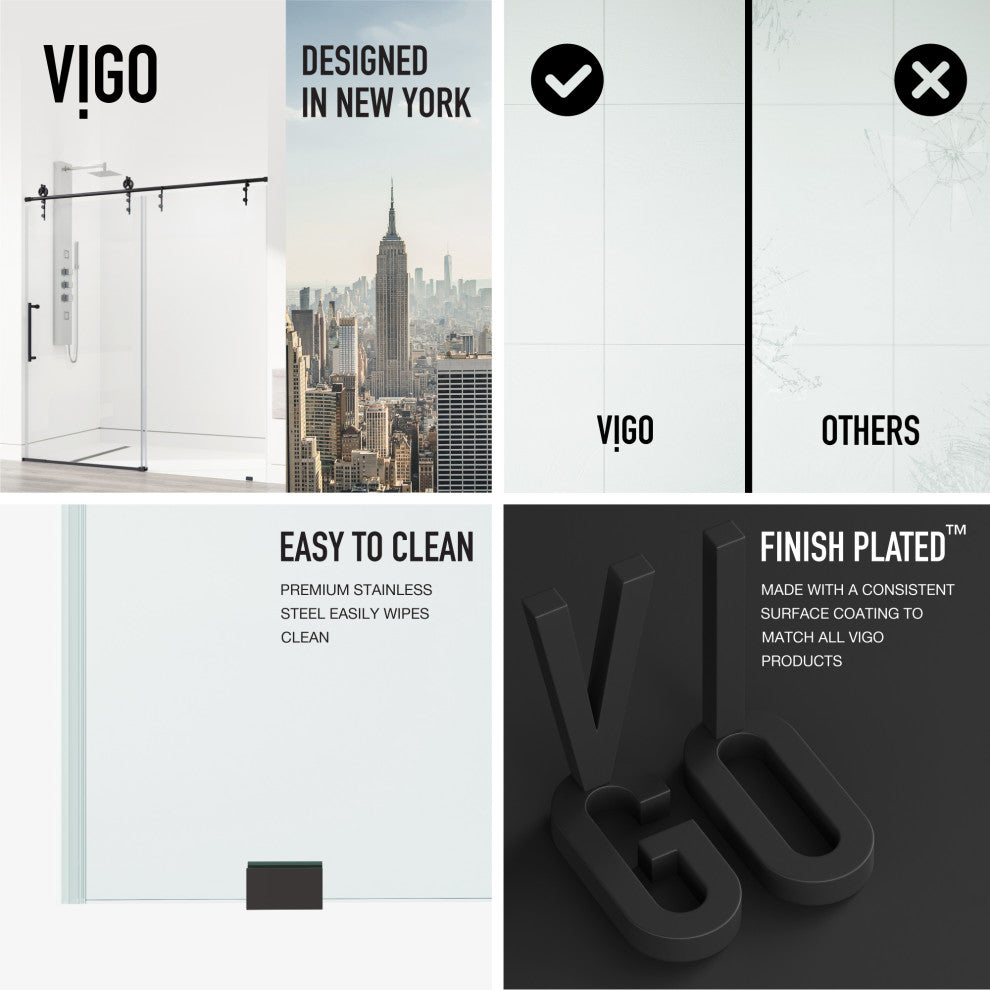 VIGO Hamilton Frameless Sliding, Matte Black, Shower Door, 56" to 60" W X 78" H, Clear Glass