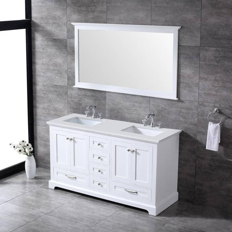 Dukes 60" White Double Square Sink Vanity with Quartz Top, With Faucet and Mirro