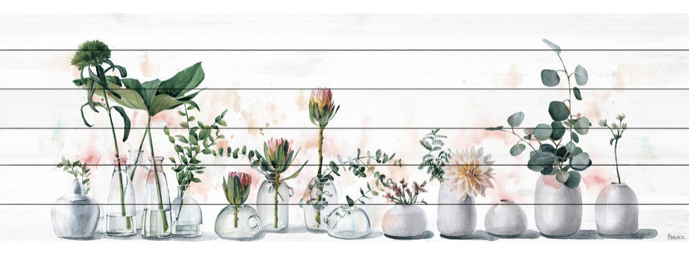 "White Vases" Painting Print on White Wood, 60"x20"