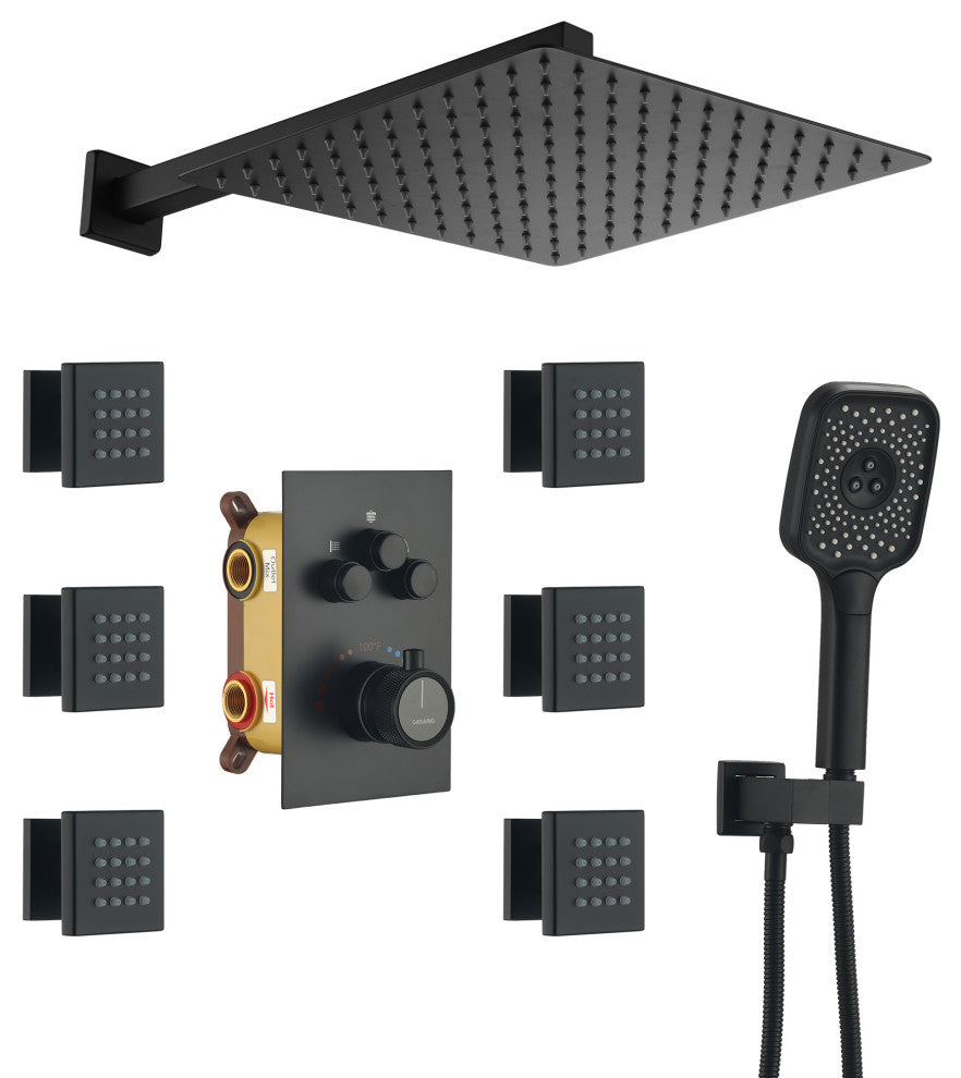 CASAINC 12" Wall Mounted Rainfall Shower Head with 6 Body Jets Shower System, Matte Black