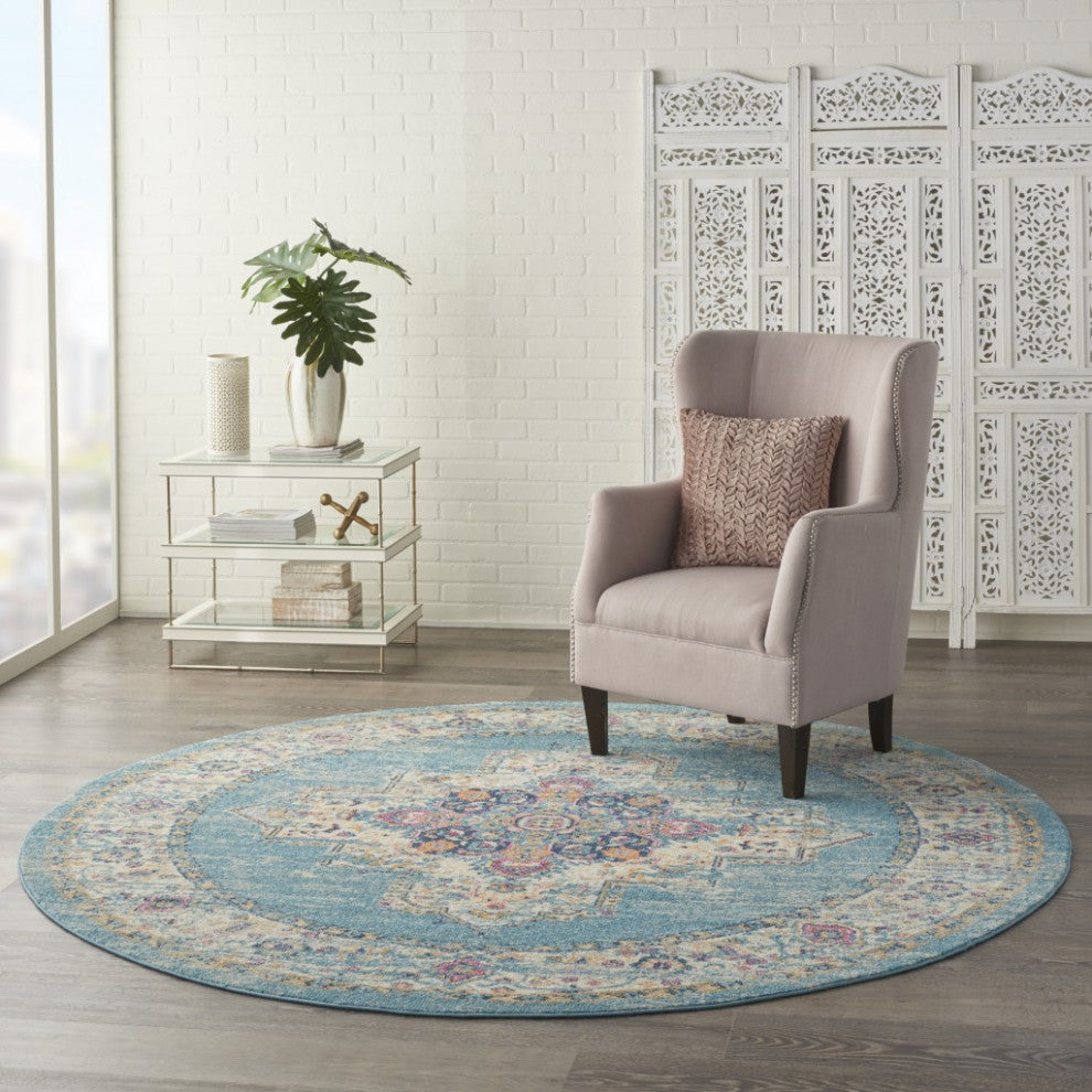 8' Light Blue Round Southwestern Power Loom Area Rug