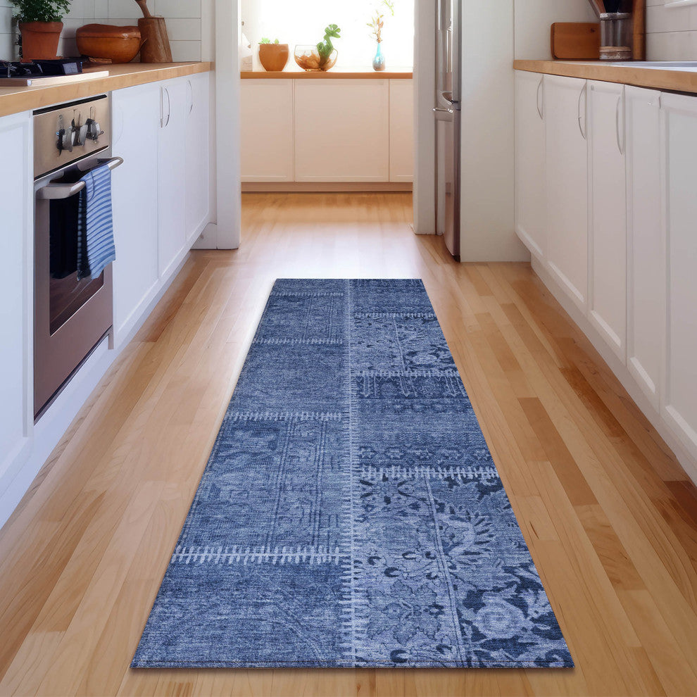 Premium Machine Washable Mayfield AMF635 Navy 2'3" x 7'6" Runner Rug