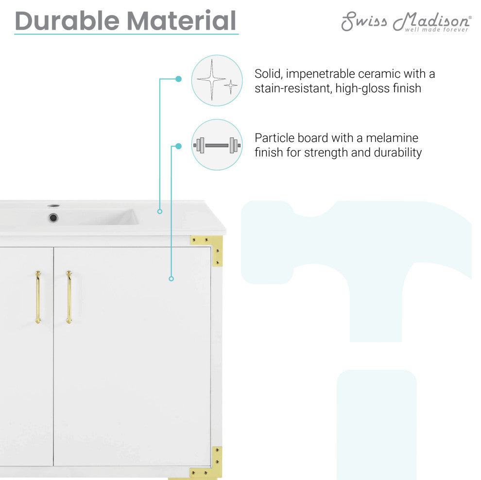 Voltaire 36" Single, Bathroom Vanity, White With Gold Hardware