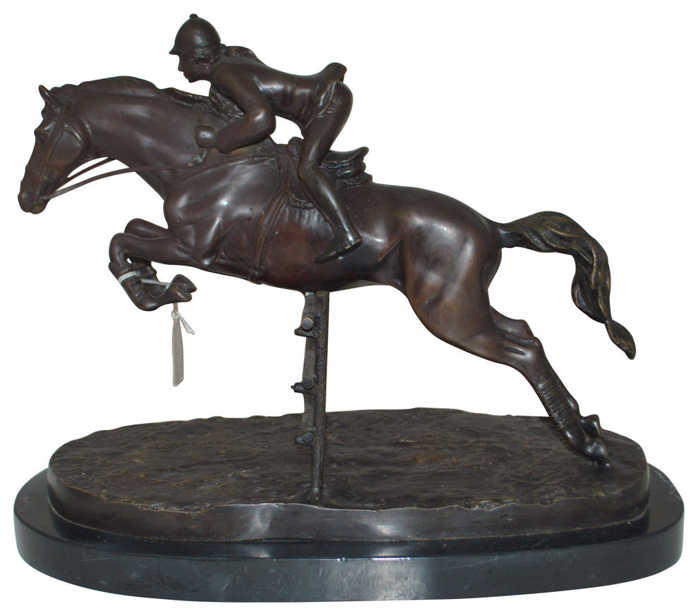 Jockey With Horse Jumping Over Hurdle Bronze Statue -  Size: 14"L x 9"W x 13"H