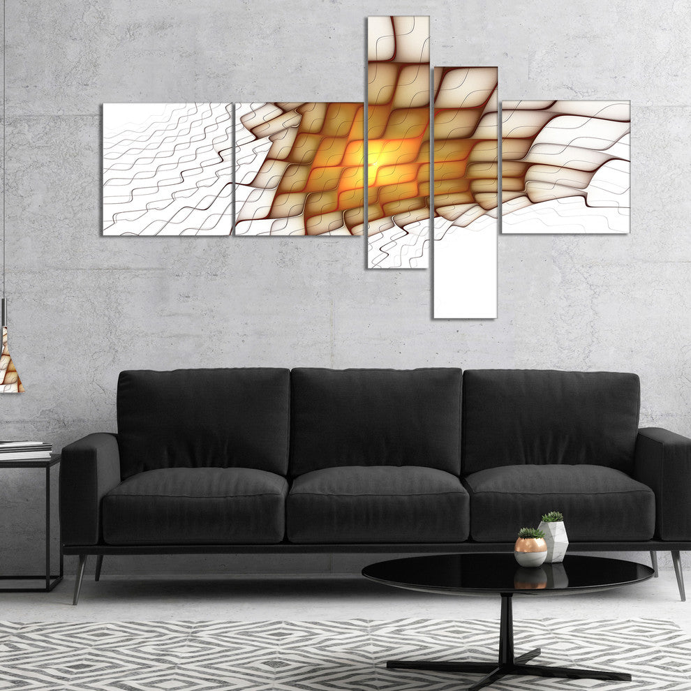 Yellow Flames on White Blocks, Abstract Art on Canvas, 60"x32", 5 panels