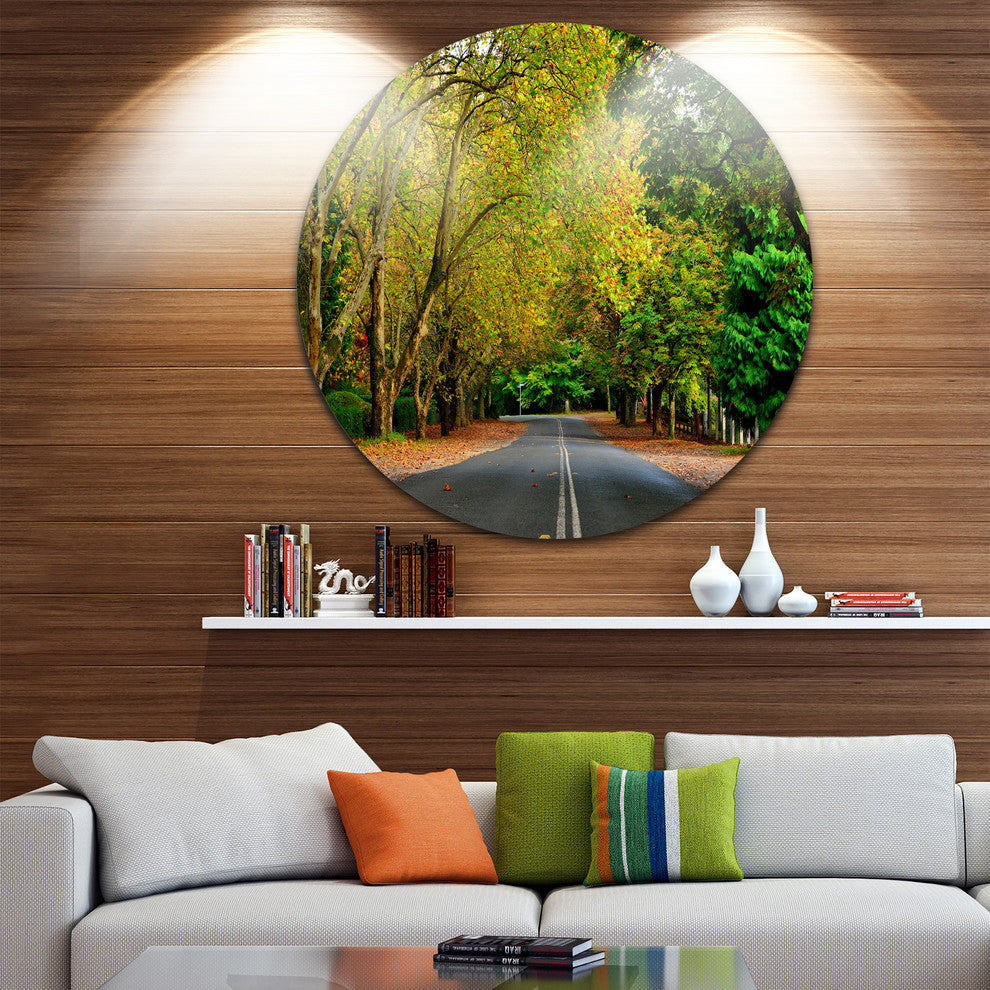 Road Through Stunning Greenery, Landscape Large Disc Metal Artwork, 11"