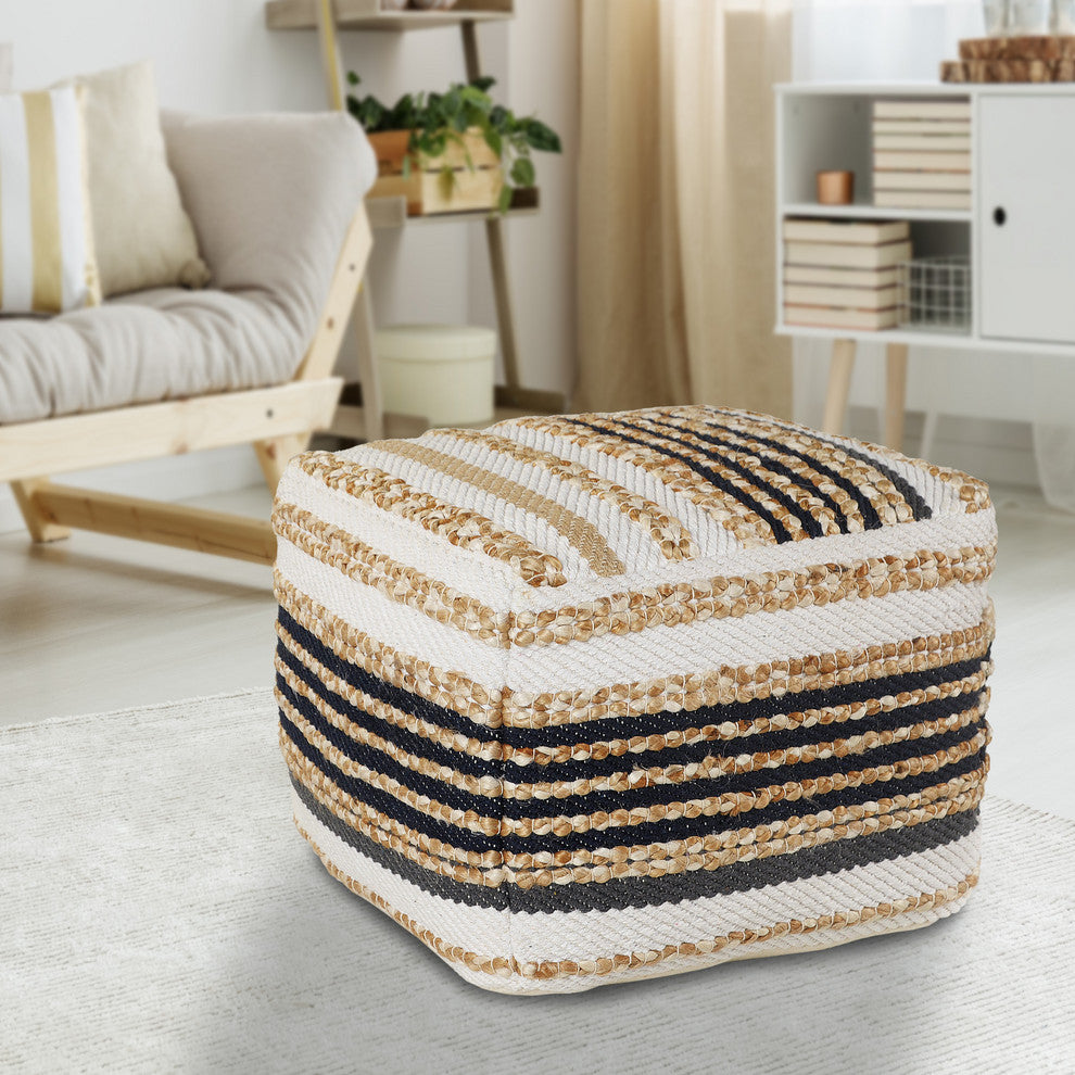 Classic Tri-Colored Natural Jute Pouf