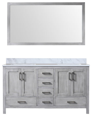 Jacques 60" Distressed Gray Double Vanity Carrara Marble Top Sinks, 58" Mirror