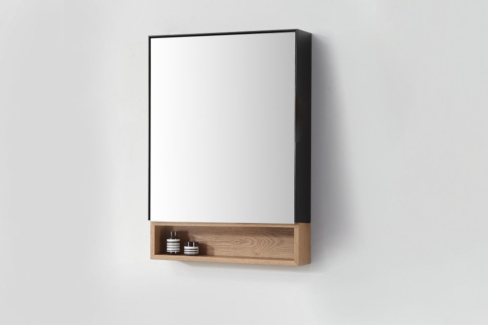 Bergen Modern Medicine Cabinet, Matte Black Frame, Pecan Oak Shelf, 24"