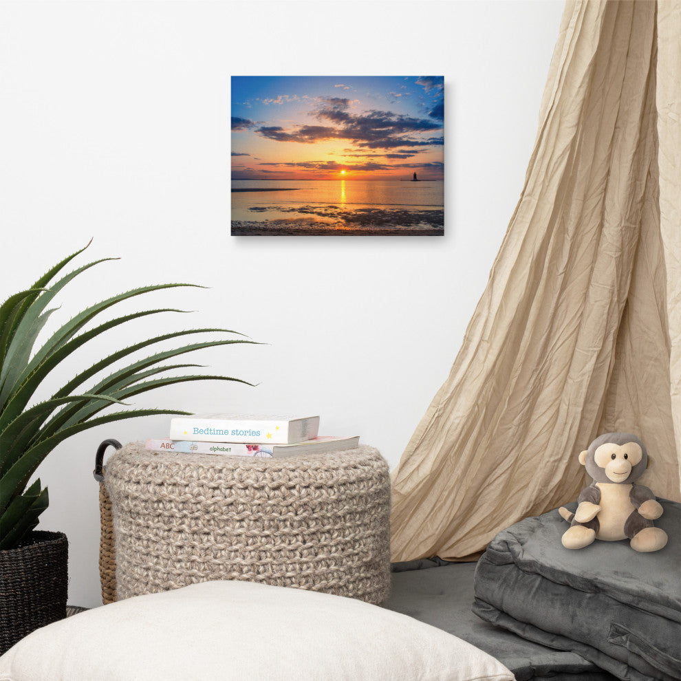 Sunset at Breakwater Lighthouse Coastal Landscape Photo Canvas Print, 12" X 16"