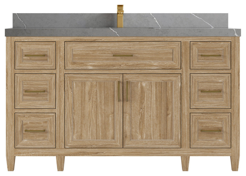 Santa Monica 60 Single Sink Bathroom Vanity in Whitewashed Teak 2" Piatra Gray