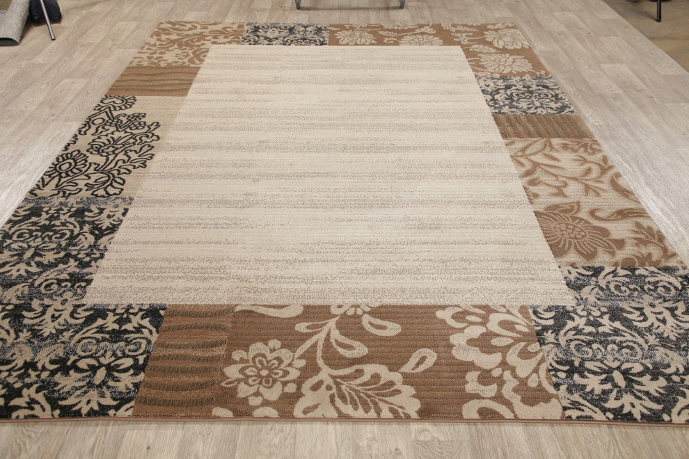 Modern Synthetic Pile Border Carpet Rustic Turkish Area Rug, Beige, 10'6"x7'10