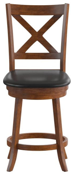 Felicity Wood Crossback Swivel Counter Height Barstool with Upholstered Seat, Black Vinyl/Antique Oak Frame