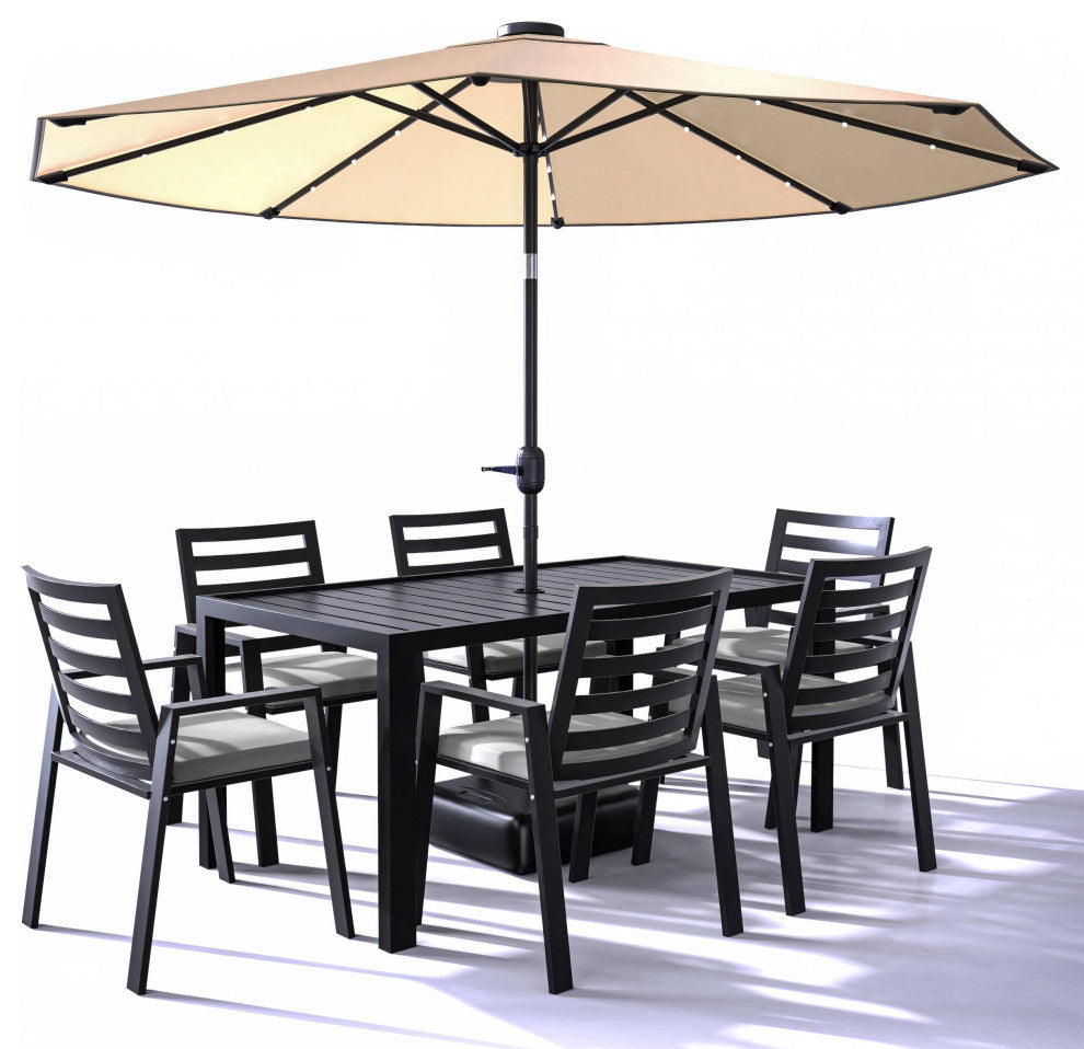 LeisureMod Chelsea Modern 7-Piece Outdoor Dining Set, Black Aluminum, Light Gray