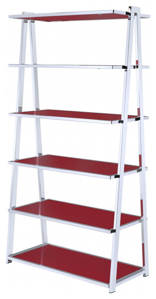 36" X 16" X 71" Red High Gloss And Chrome Bookcase