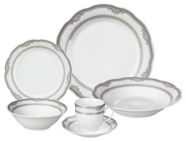 24 Piece Fine Wavy Edge Porcelain Dinnerware Set, Amelia design, Victoria
